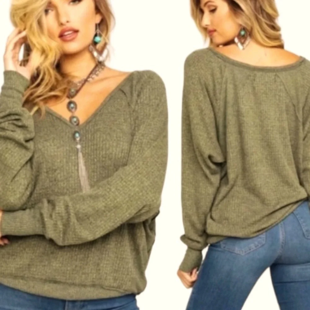 Free People Santa Clara Thermal Top Green Long Sleeve Top 100% Cotton
