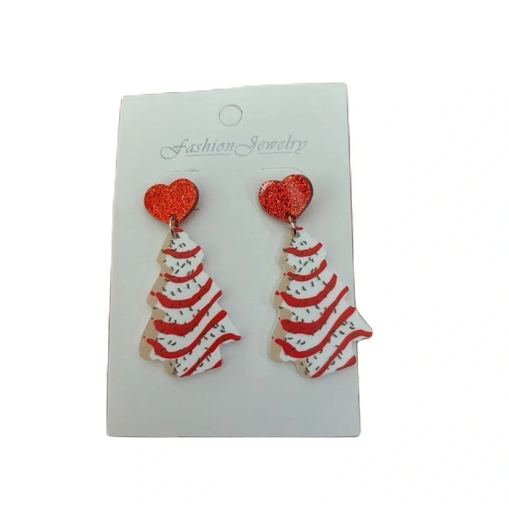Little Debbie Christmas Tree Dangle Earrings NEW White Red Glitter