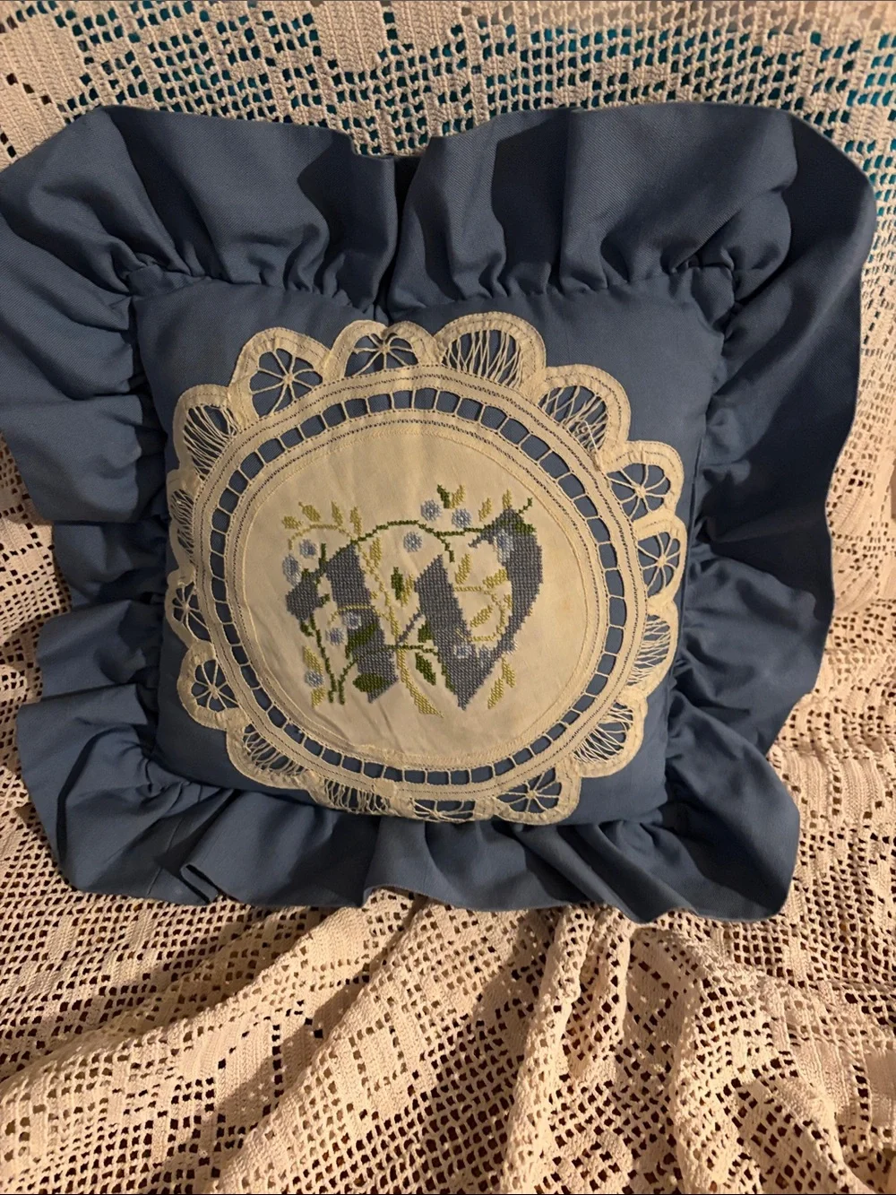 Blue Ruffled Decorative Throw Pillow with Cross-Stitch Monogram “W”