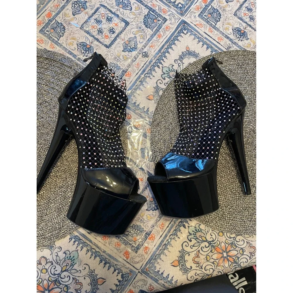 Black Patent Rhinestone Fishnet Platform Ankle Boots Open Toe Stiletto Heels