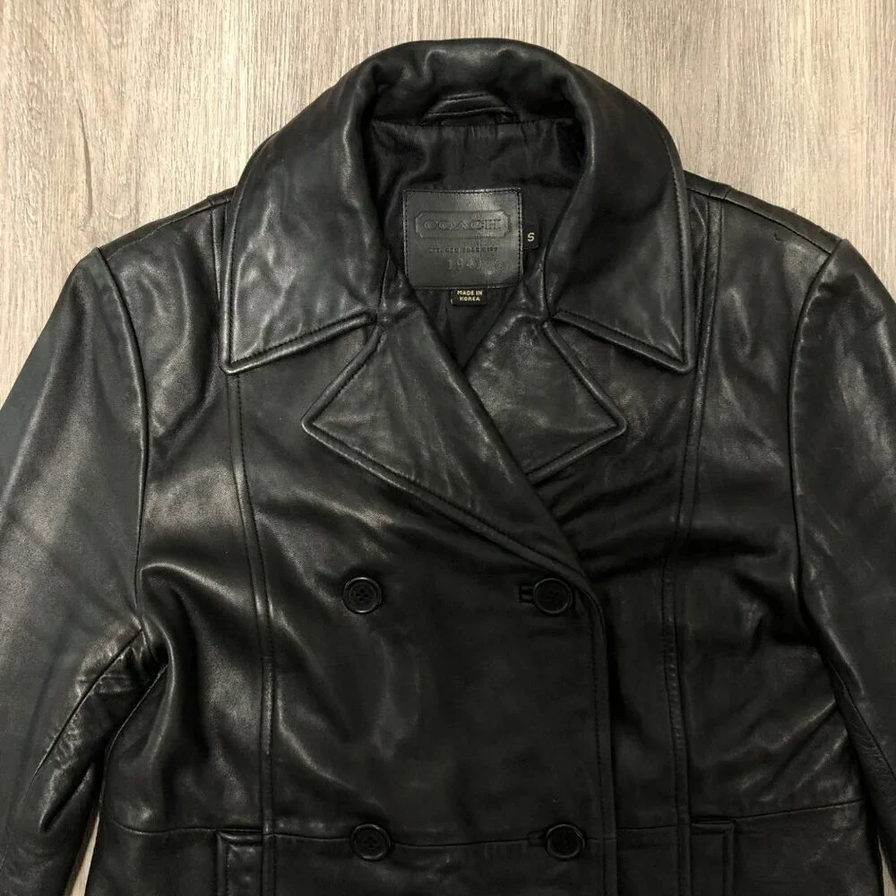 Vintage Coach Genuine Black Leather Jacket Women Size Small Double Breasted Coat