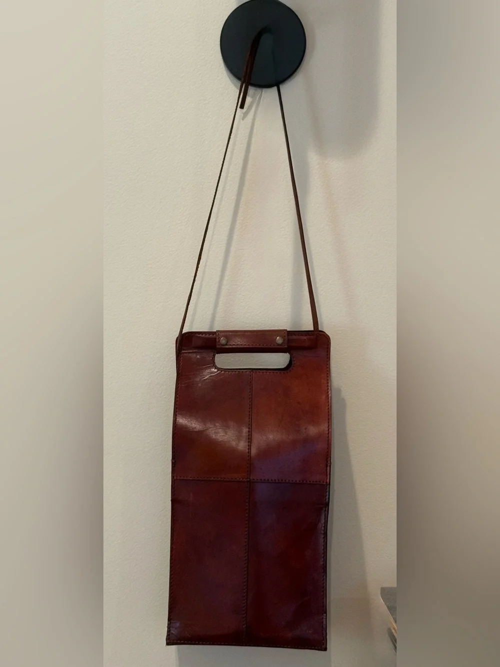 Vintage Genuine Leather 2 Bottle Wine Carrier Cognac Brown w/ Divider And Strap