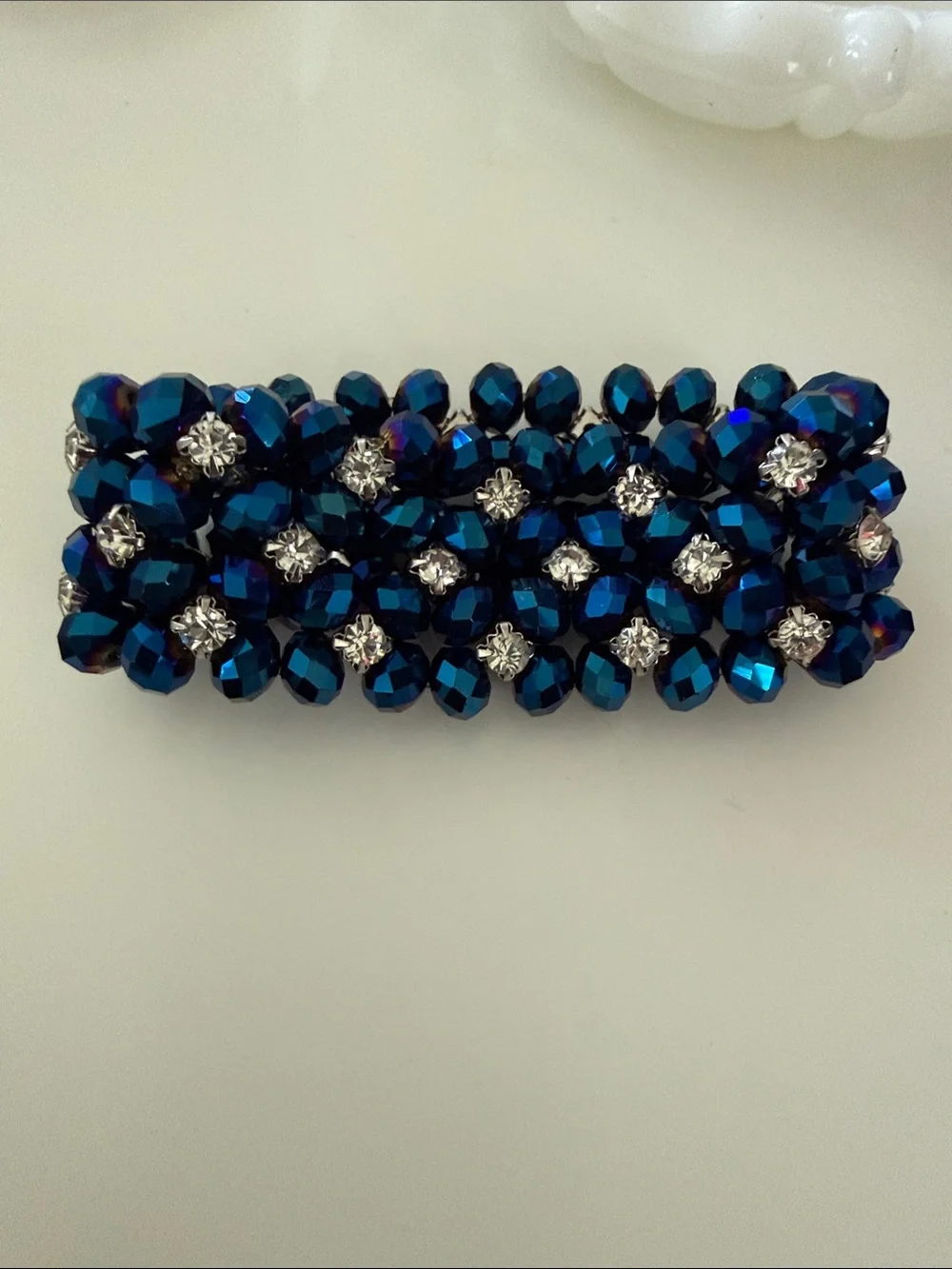 Vtg gorgeous Blue bead clear stretch prong set rhinestone Bracelet beautiful