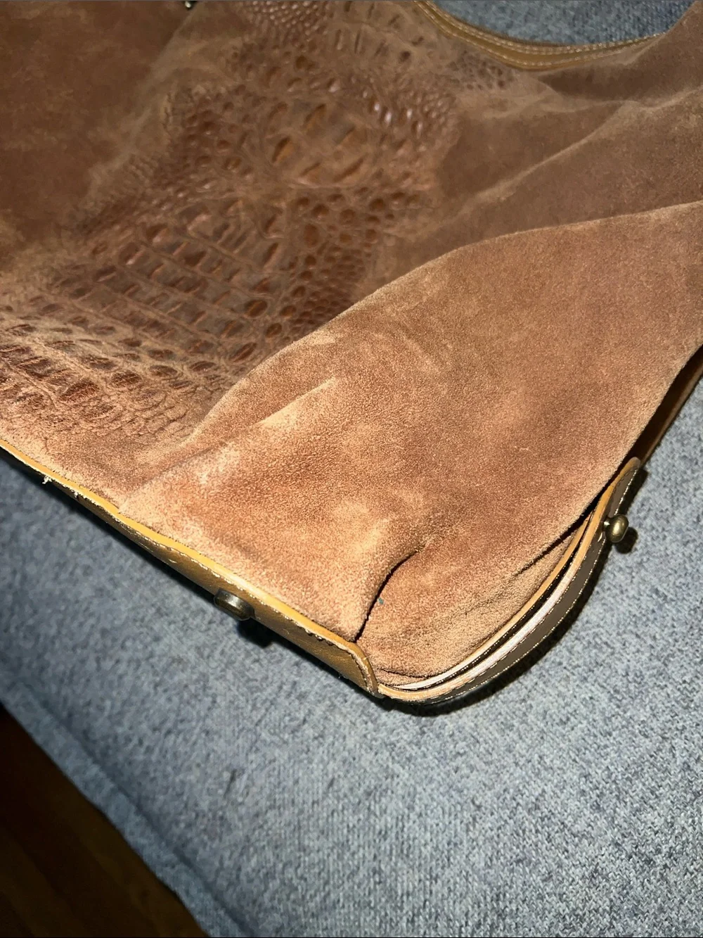 Donald J. Pliner Suede Croc-Embossed Hobo Bag in Brown EUC