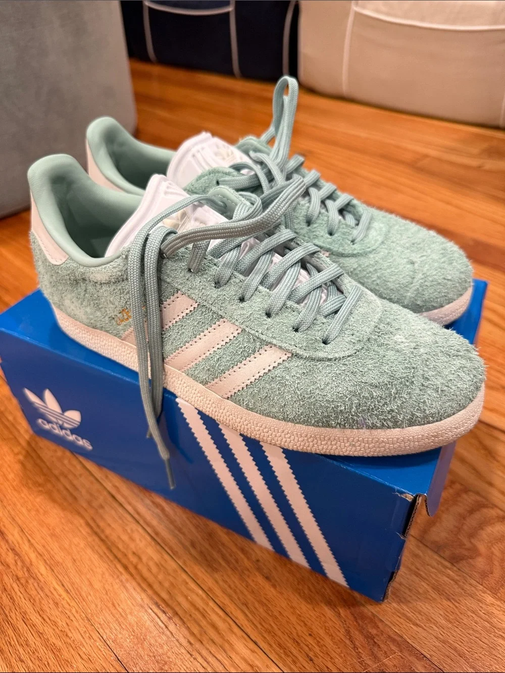 Adidas Gazelle Soft Mint Green Suede Sneakers with White Stripes. Worn once!