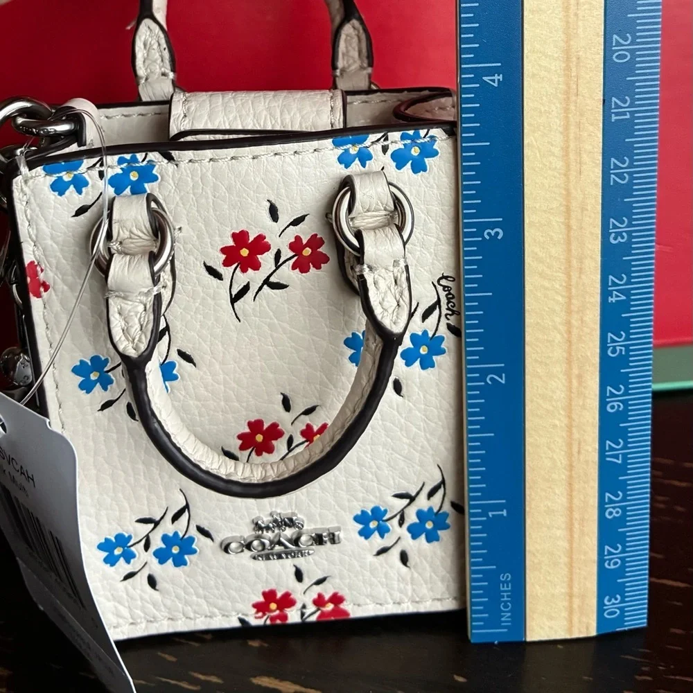 Coach Floral Key Holder in White with Red and Blue Accents