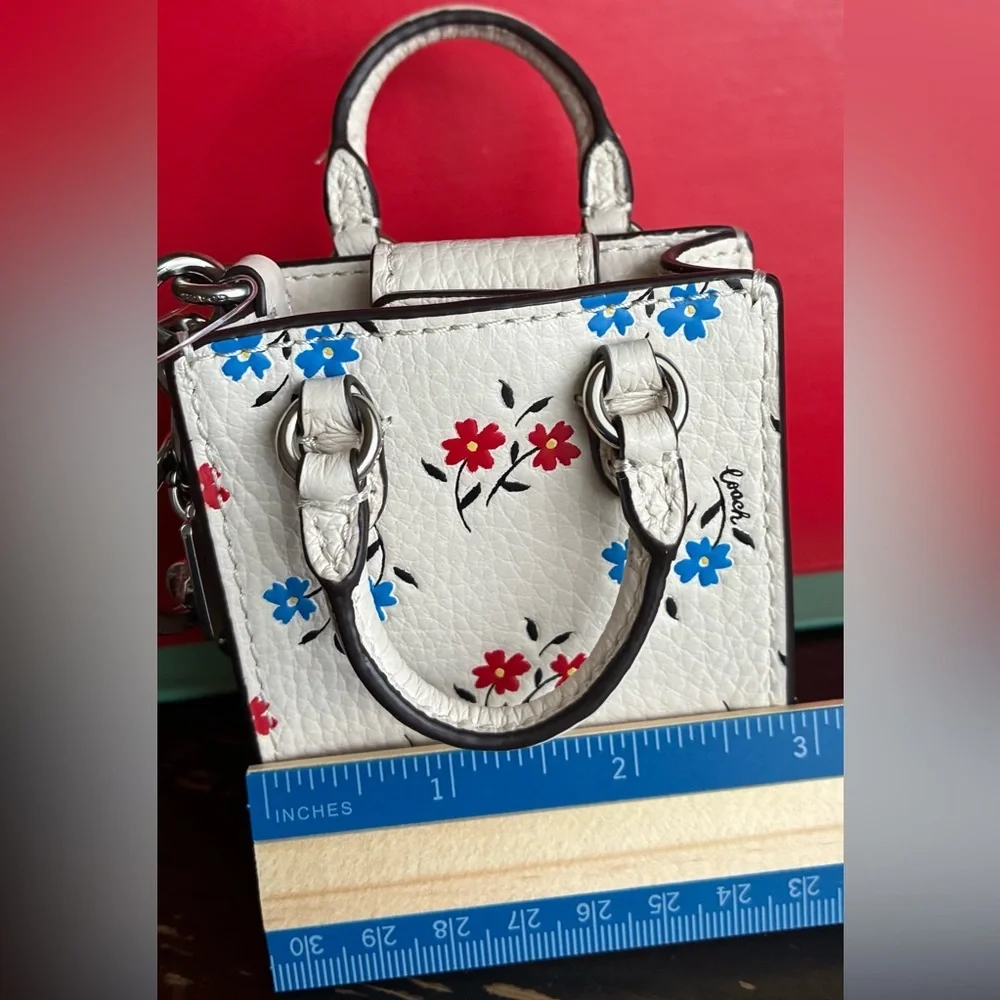 Coach Floral Key Holder in White with Red and Blue Accents