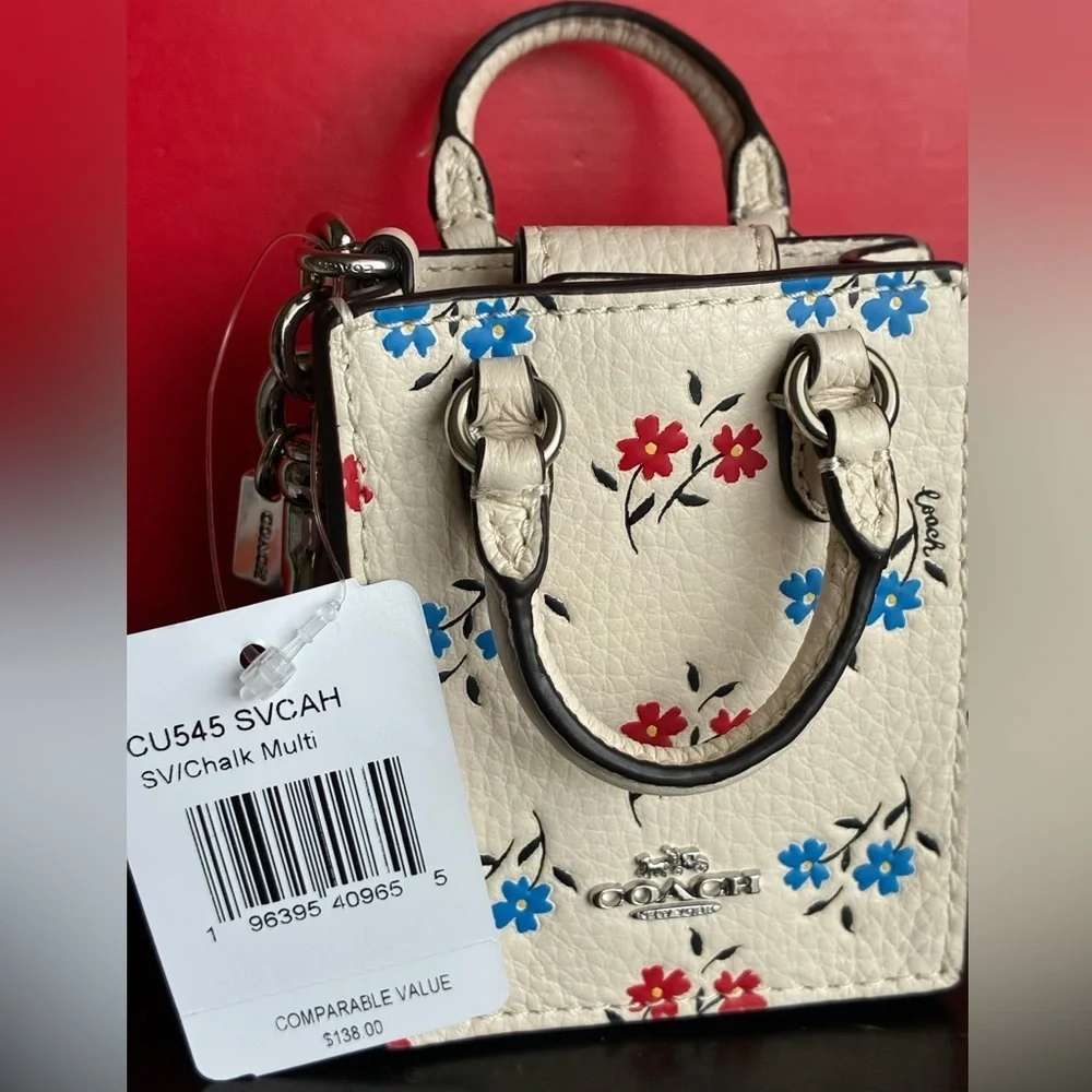 Coach Floral Key Holder in White with Red and Blue Accents