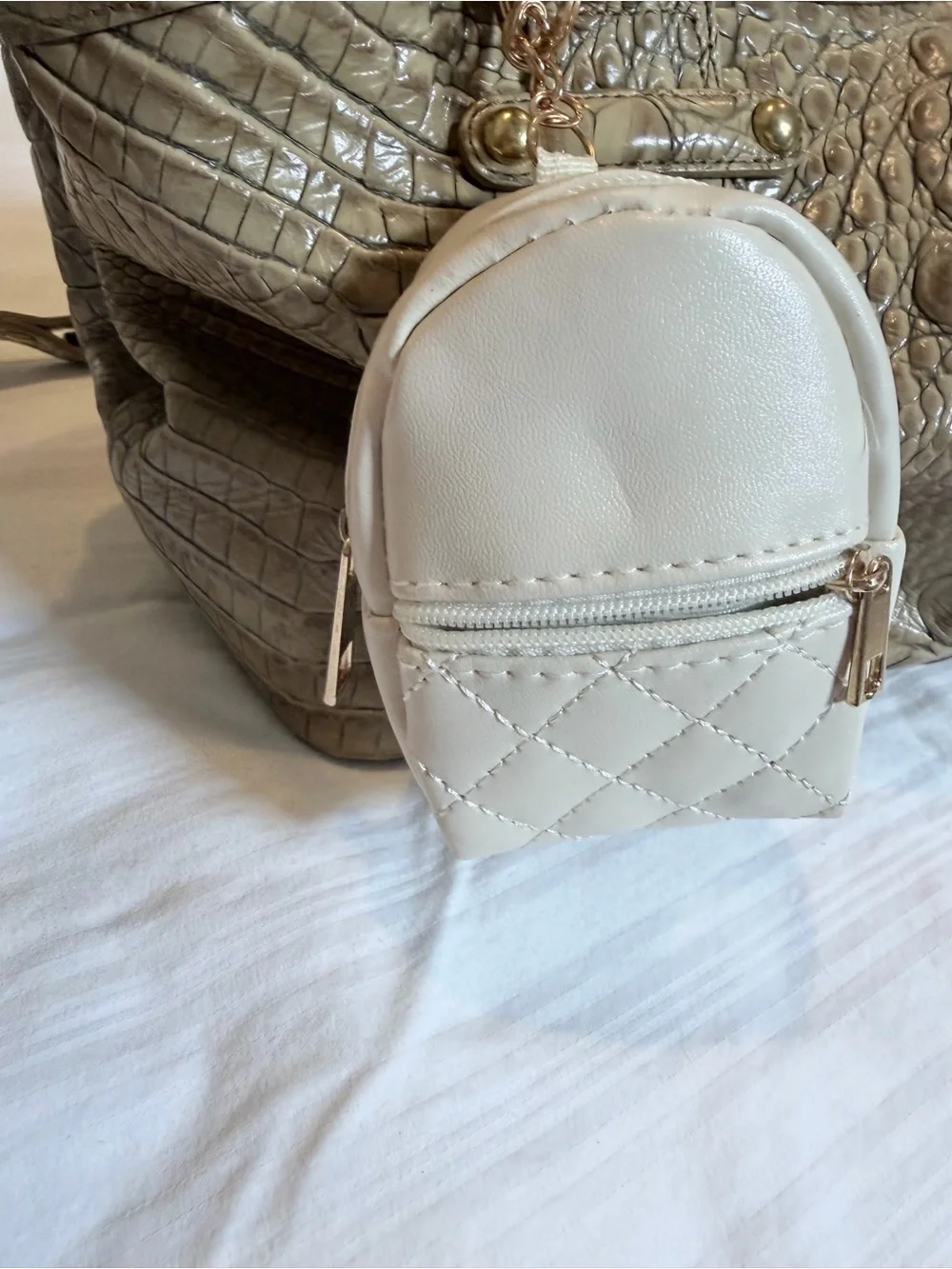 Brahmin Taupe Croc-Embossed Leather Shoulder Bag Free Mini pack back Bag Charm