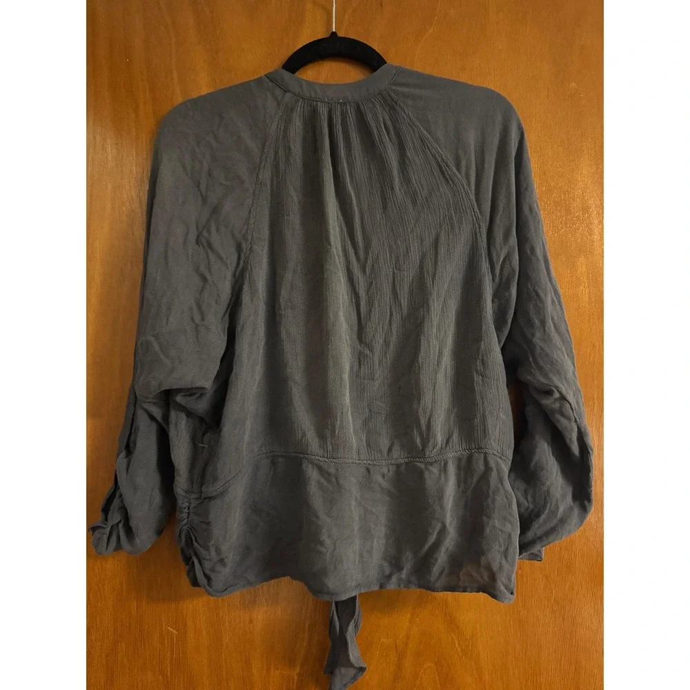 Free People Slate Blue Grey Rayon Gauze Tie Front Blouse Small NWT