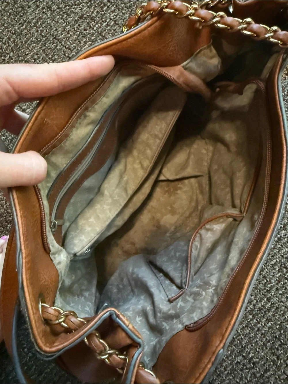 Leather Chain-Accent Shoulder Bag in Cognac