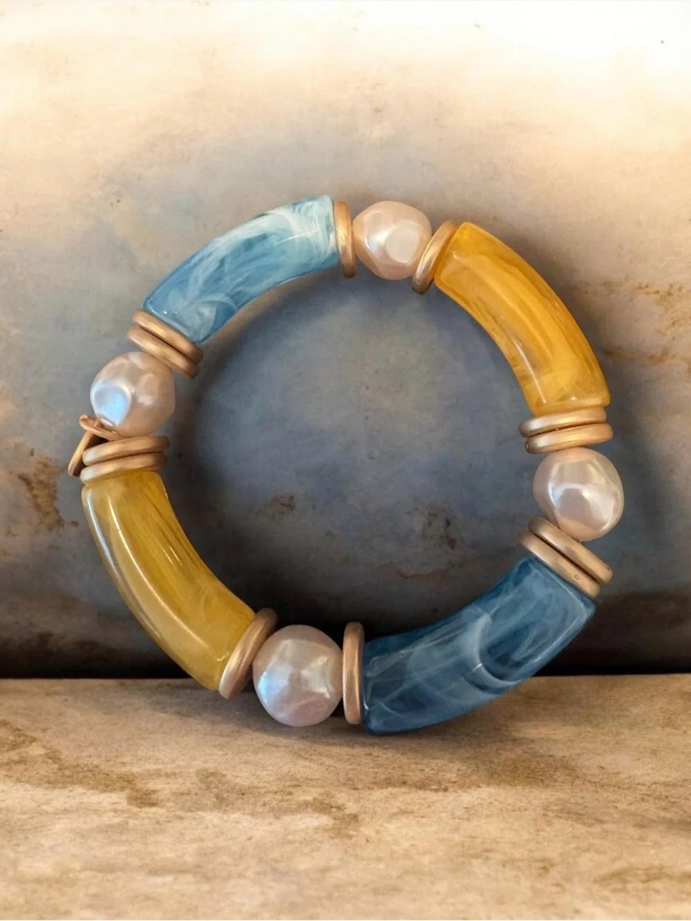 Plunder Multicolor Beaded Stretch Bracelet with Blue, Gold & Pearl Beads