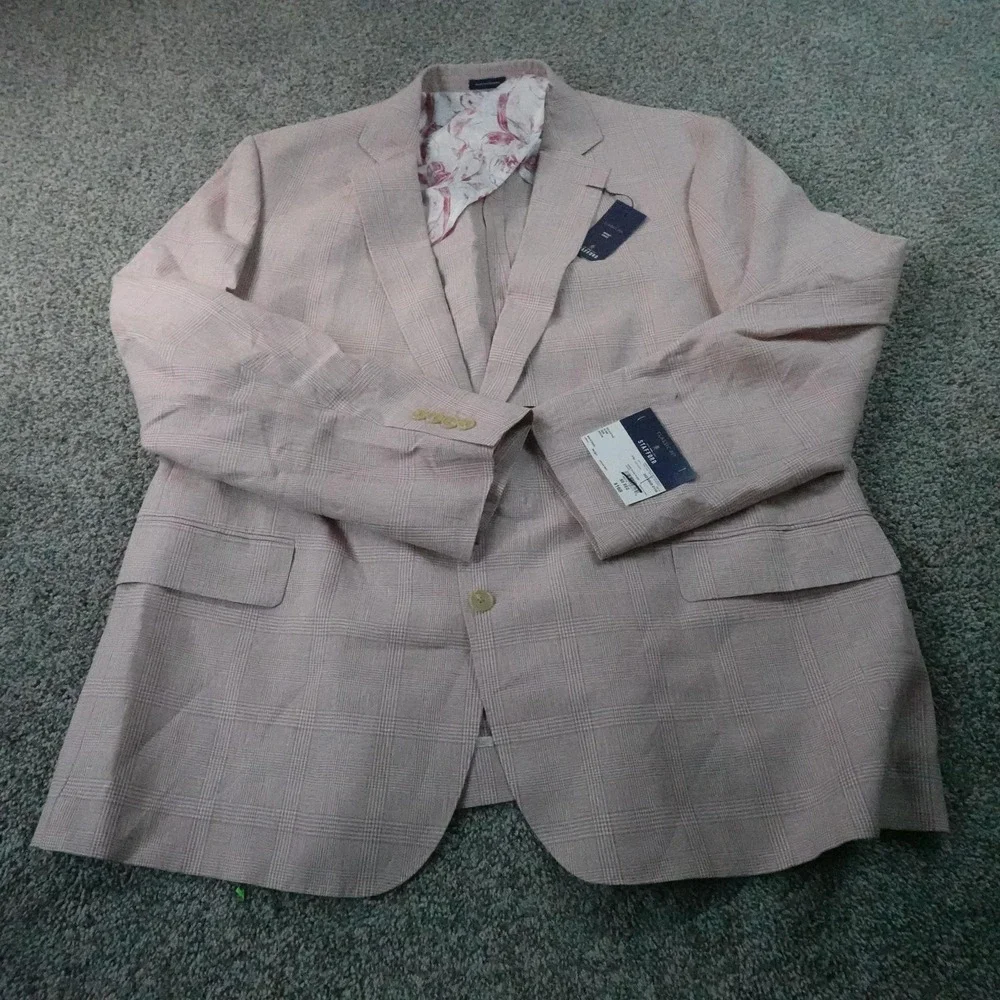 NEW Stafford Blazer Mens 50 Red Glen Plaid Linen Unstructured Sport Coat Jacket