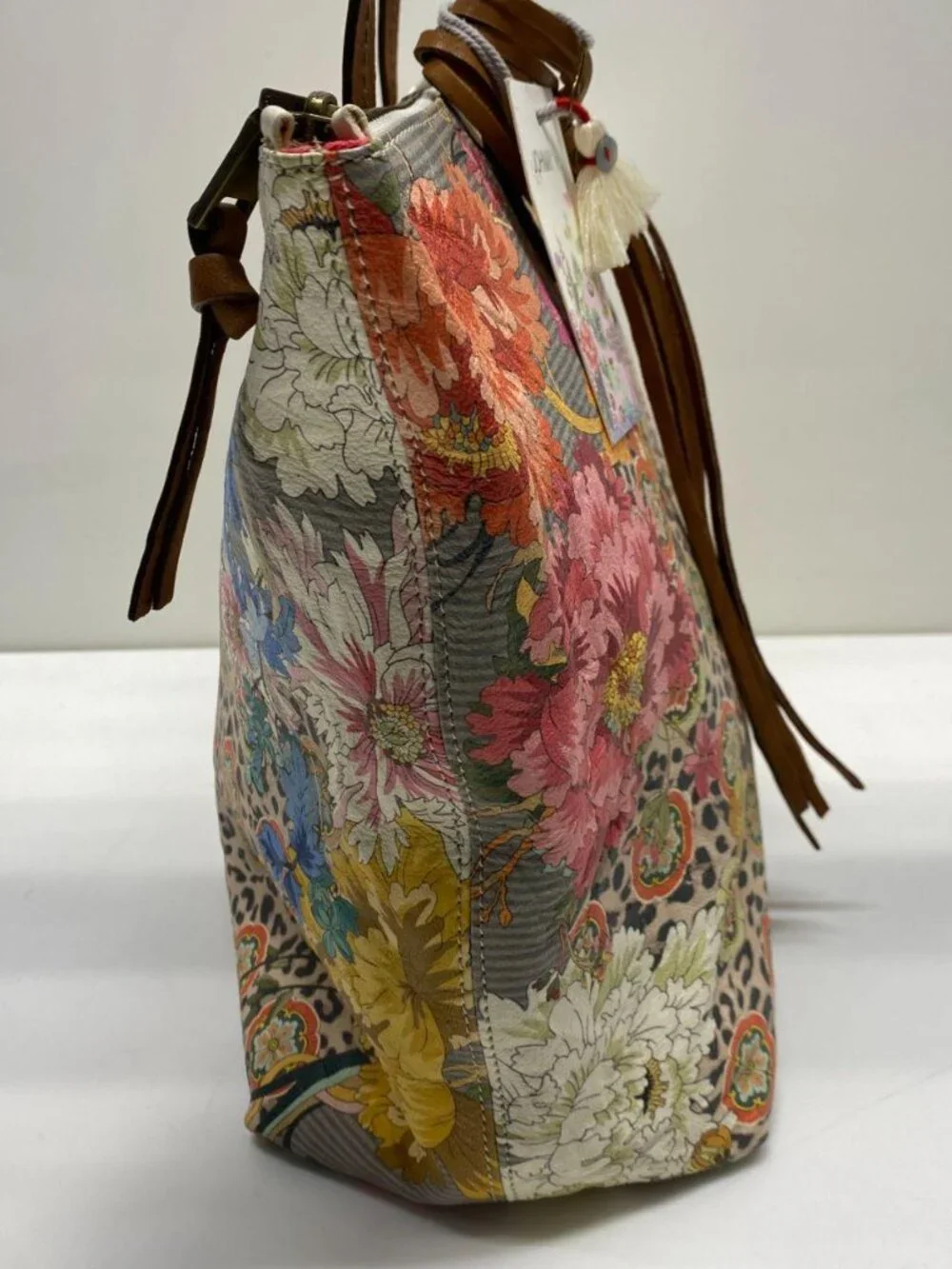 Johnny Was Leather Floral Taylor Leopard Shopping Tote Bag NWT