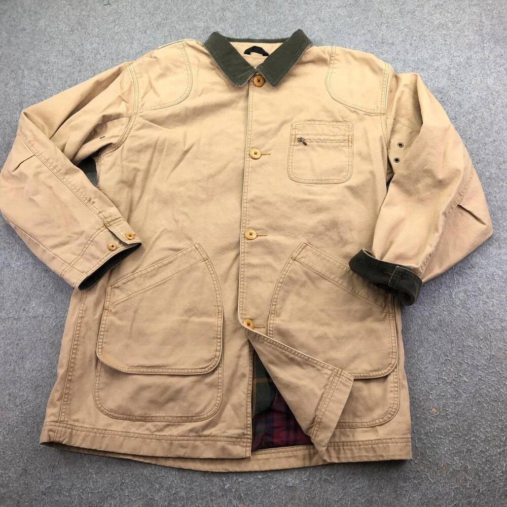 L.L. Bean Coat Mens Large Tall Beige Canvas Button Plaid Lined Outdoor Hiking