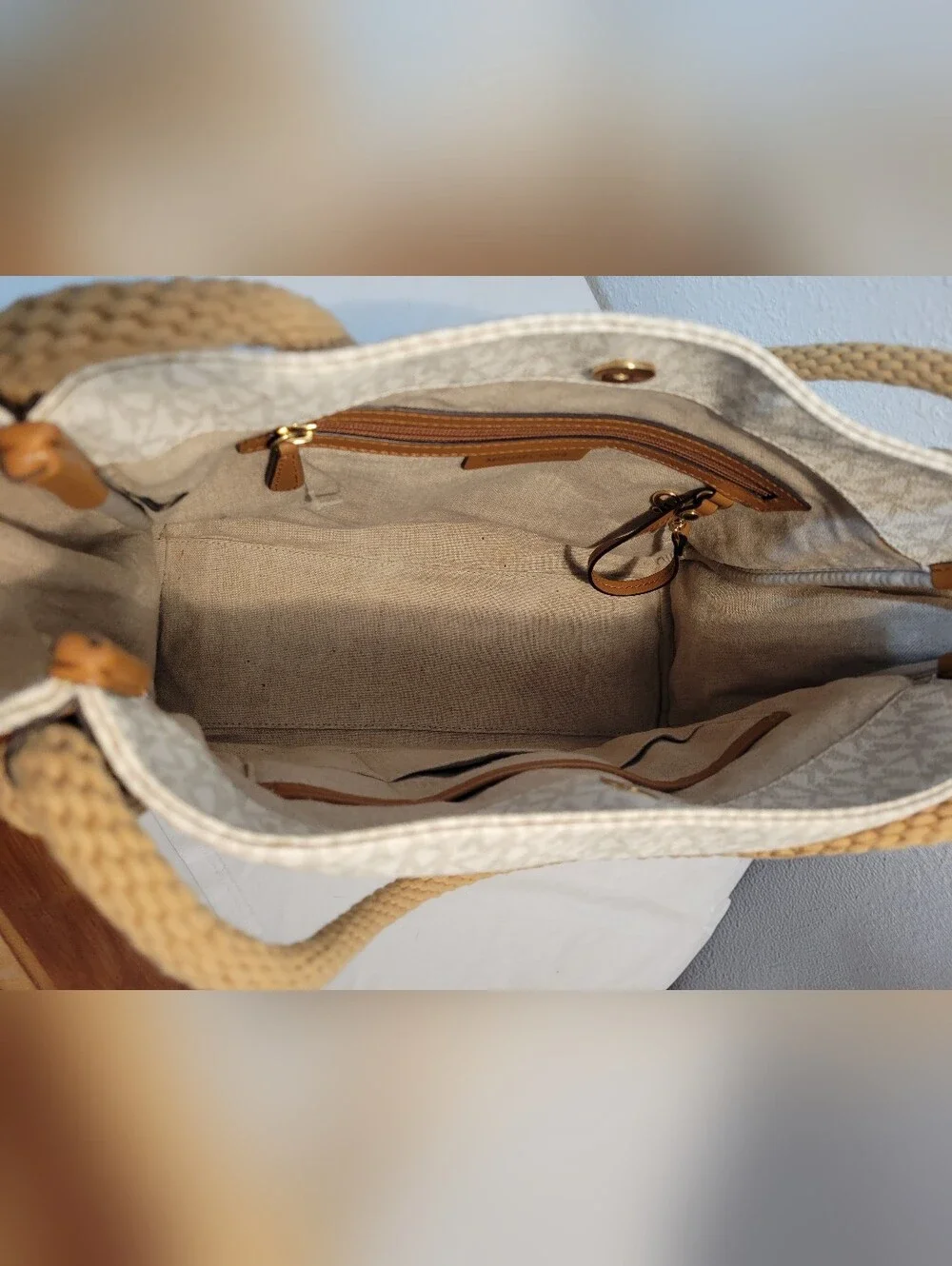 Michael Kors Cream and Tan MK Logo Tote