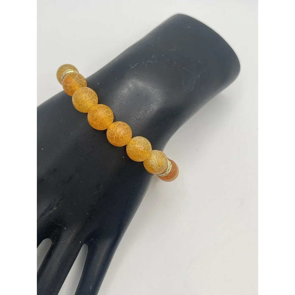 Rustic Cuff Orange Crackled Agate Stone Stretch Bracelet New
