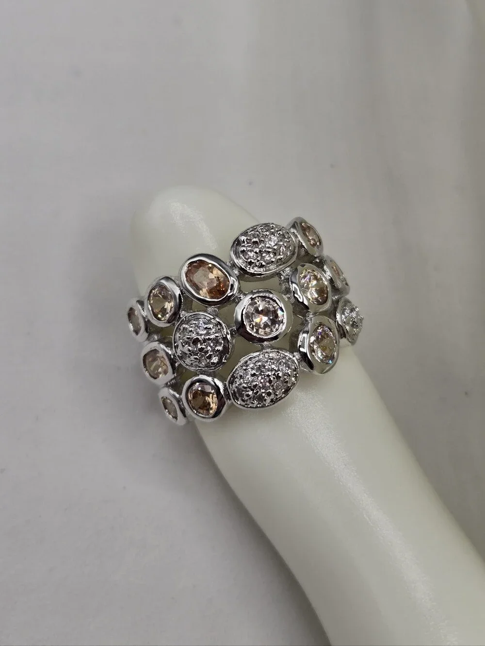 Swarovski Crystal Elements Silver Statement Ring Champagne Size 7 Wide Band