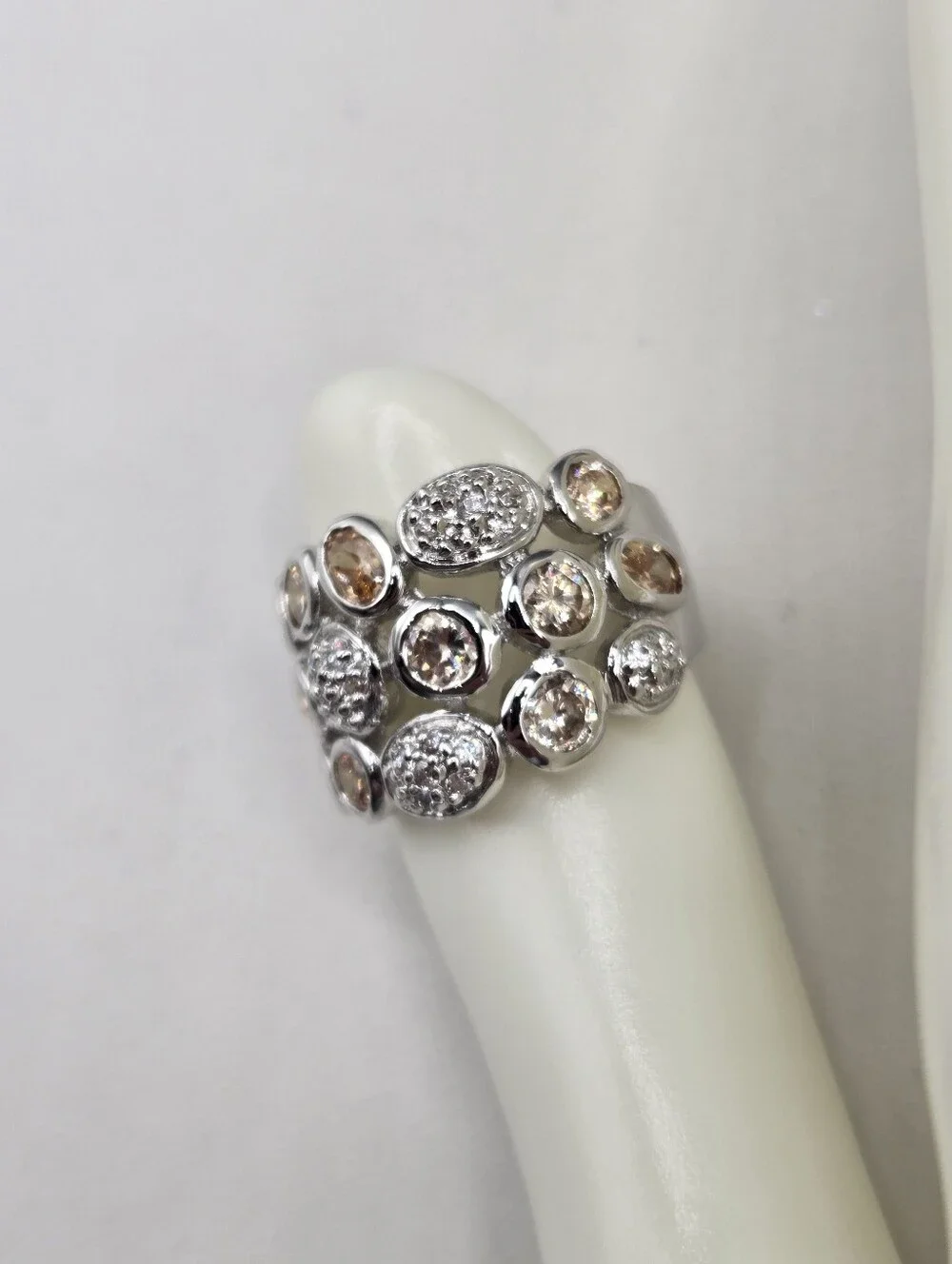 Swarovski Crystal Elements Silver Statement Ring Champagne Size 7 Wide Band