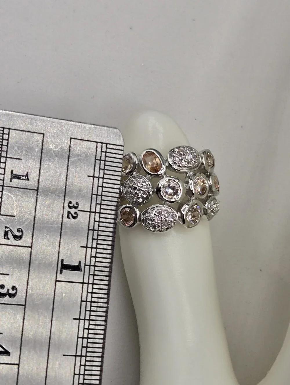 Swarovski Crystal Elements Silver Statement Ring Champagne Size 7 Wide Band
