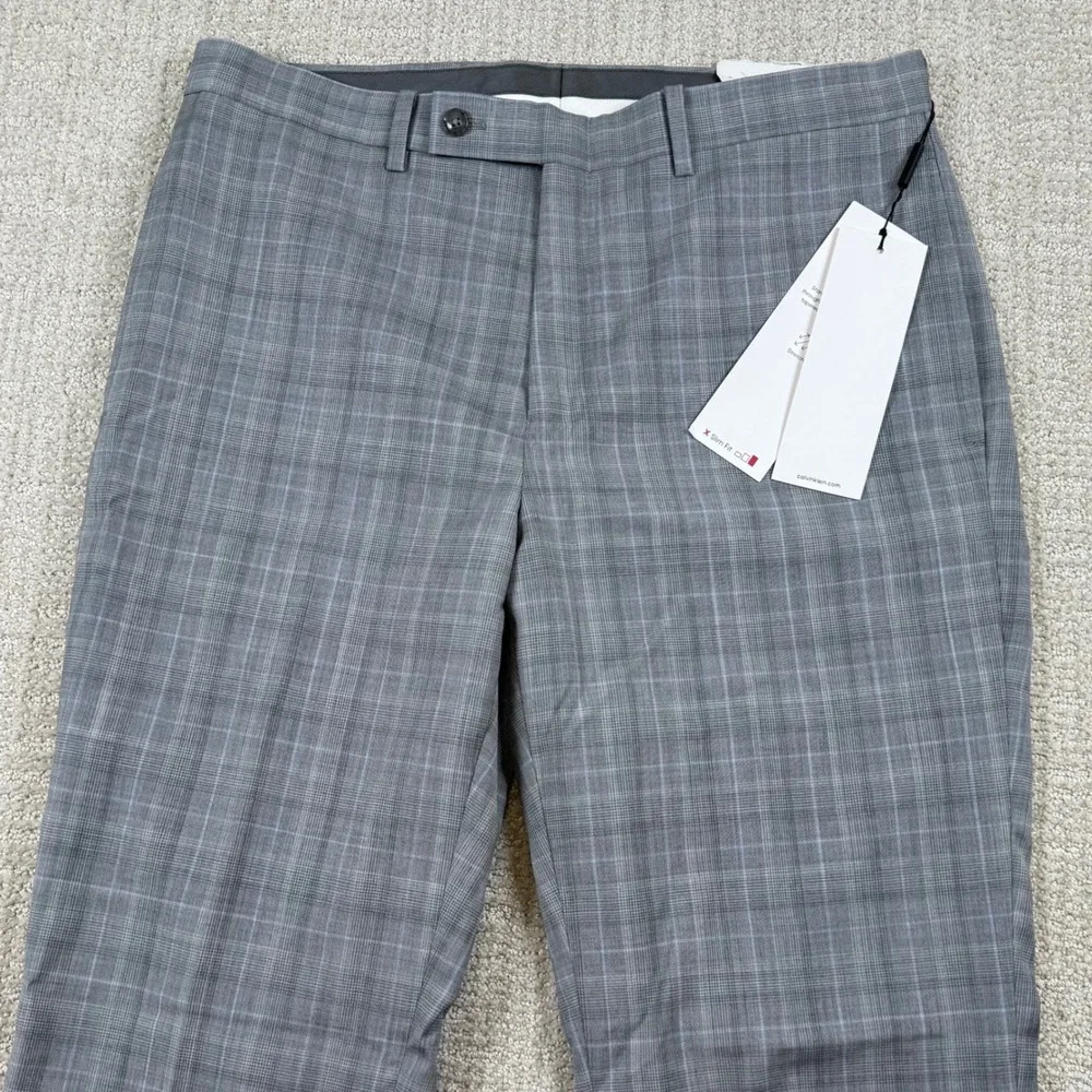 NEW Calvin Klein Mens 34x32 Grey Plaid X Slim Fit Wool Blend Dress Pants