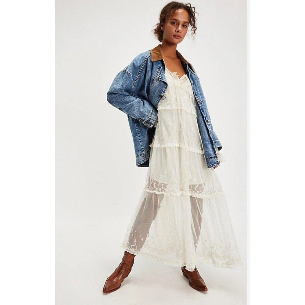 Free People Maxi Dress Women Ivory Stevie Retro Boho Resort Vacay Size XS New