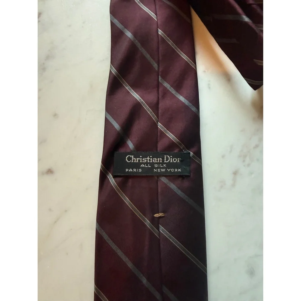 Christian Dior Vintage Mens Silk Tie Burgundy Grey Striped Designer Necktie
