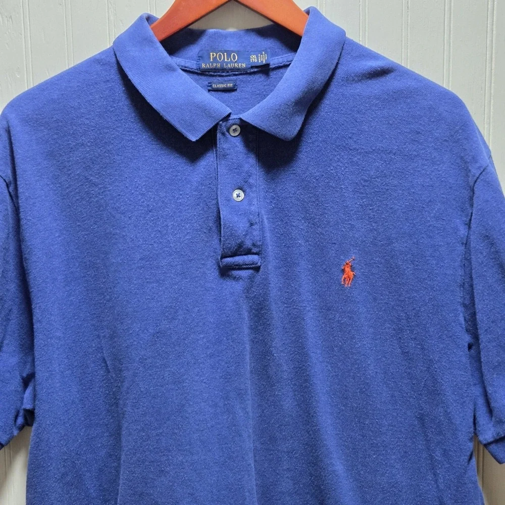 Polo Ralph Lauren Polo Shirt Mens‎ 2XL Blue Solid 100% Cotton Pony Logo Casual