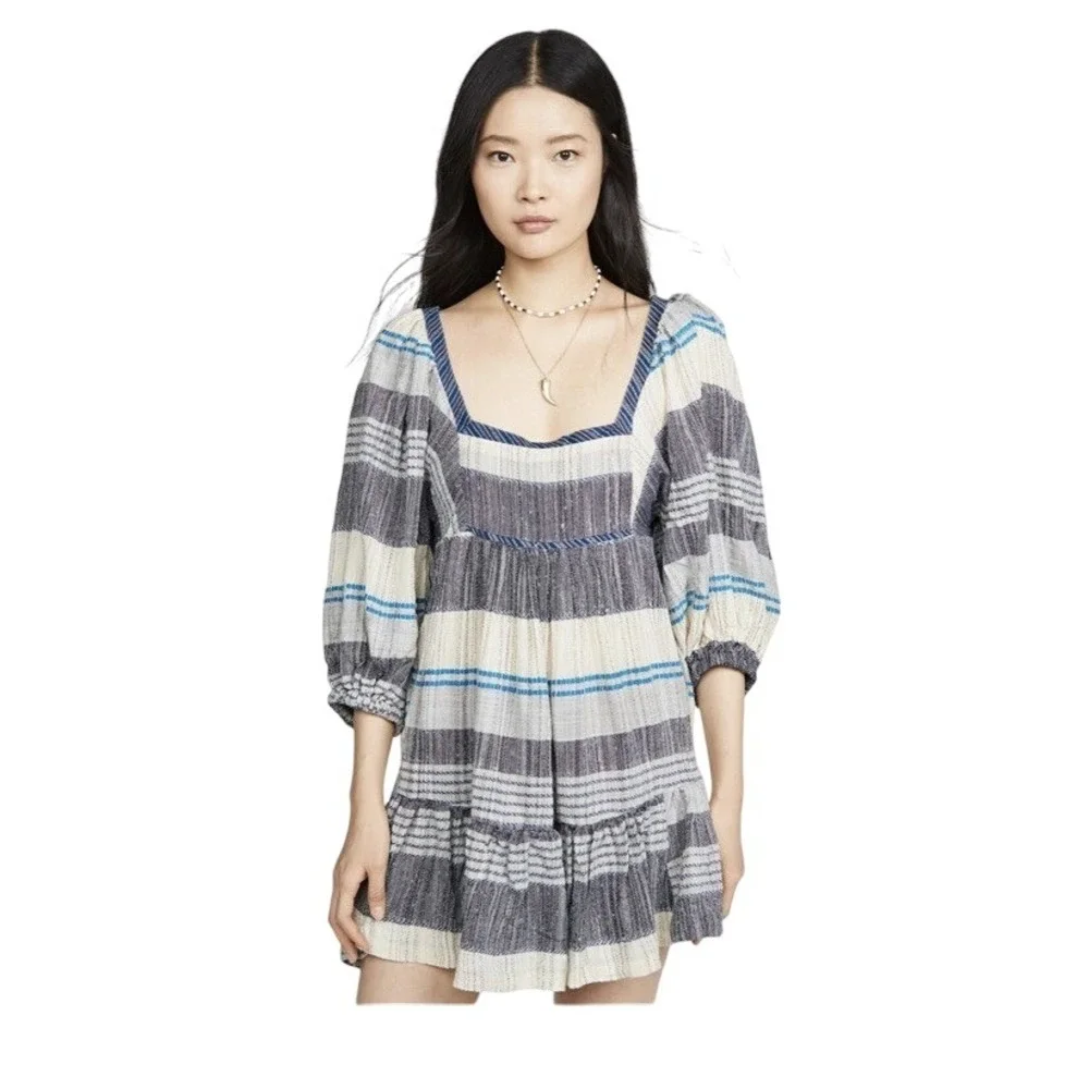 Boho Free People Mini Dress Striped Blue‎ White Size S Urban Ethereal bohemian