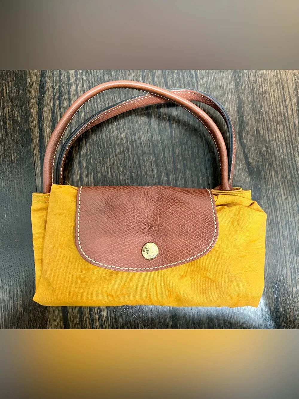 Longchamp Le Pliage Large Tote Mustard Yellow Brown Leather Foldable Bag