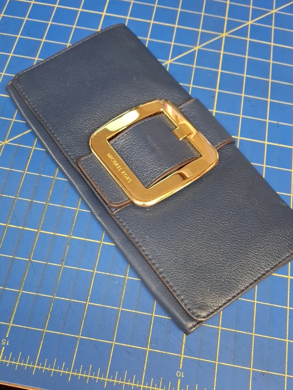 Michael Kors Navy Leather Buckle Clutch Gold Hardware 11x5x0.75 Preloved