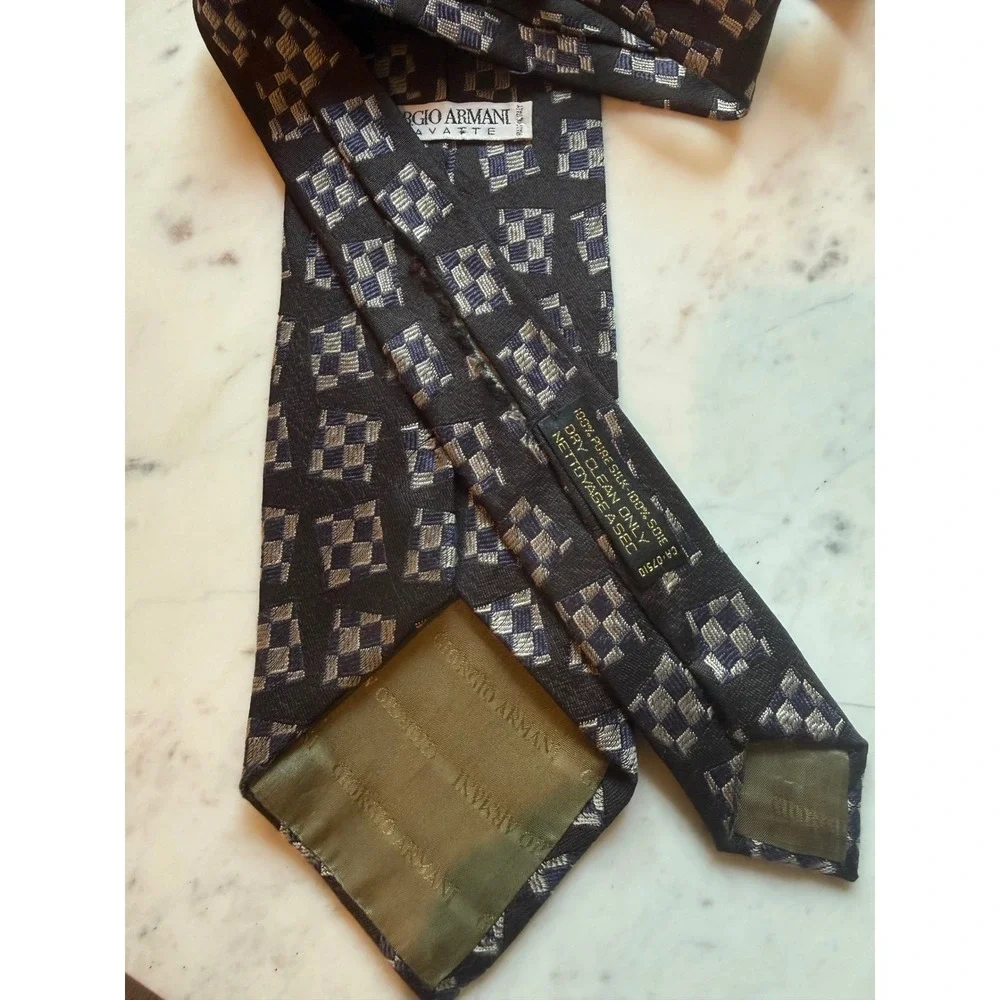 Giorgio Armani Cravatte Mens Silk Tie Made in Italy Geometric Black Grey Blue
