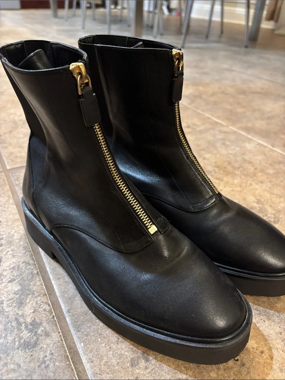 Stuart Weitzman Black Leather Front-Zip Ankle Boots with Gold Zipper