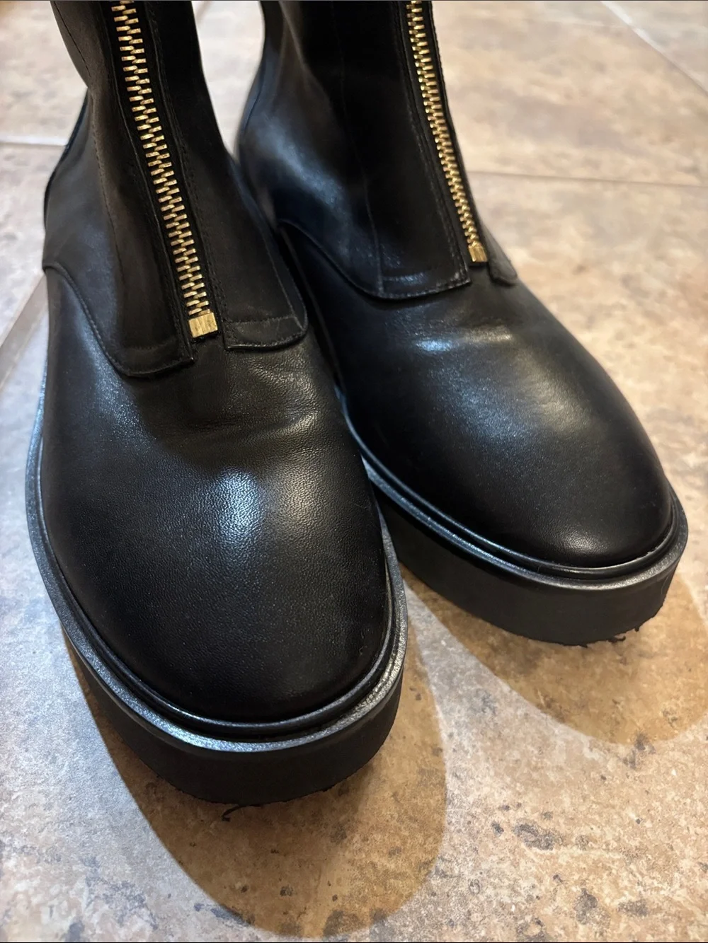 Stuart Weitzman Black Leather Front-Zip Ankle Boots with Gold Zipper