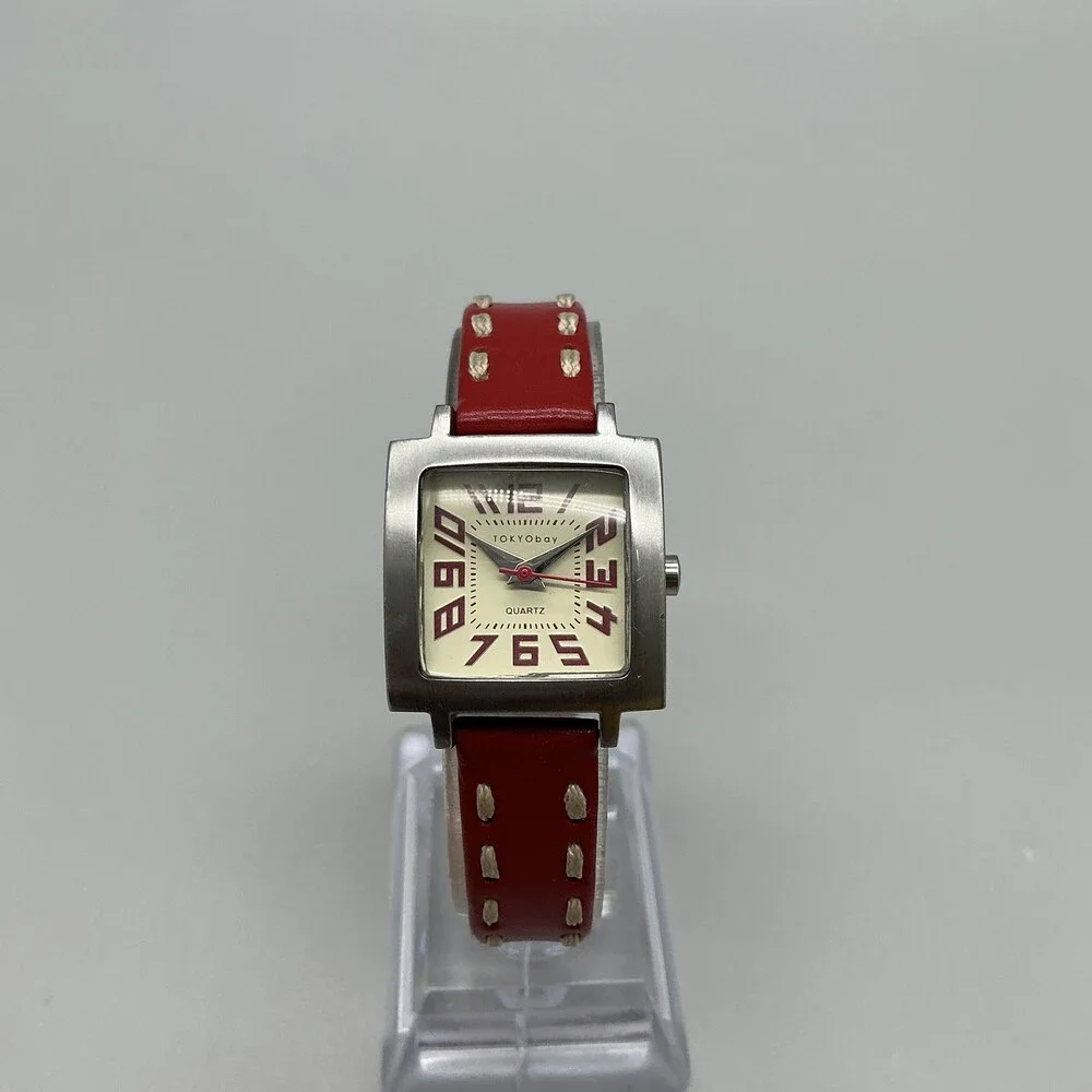 TOKYObay Womens Watch 23mm Cream Dial Red Leather Square New Battery