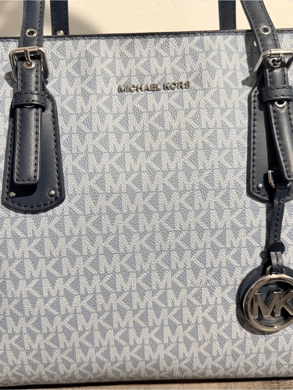 Michael Kors Light Blue MK Logo Tote with Navy Trim