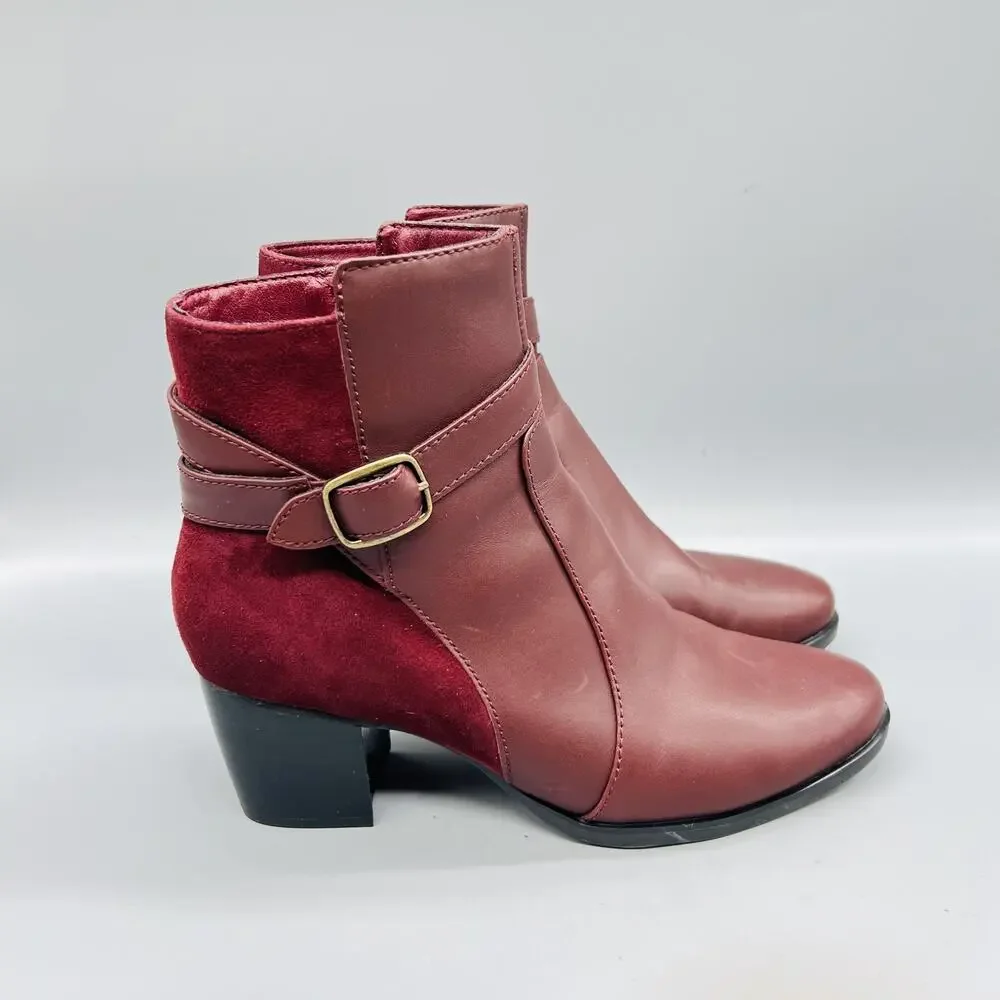 Aetrex Boots Womens 7.5 Red Leather Rebecca Ankle Buckle Zip Block Heel Booties