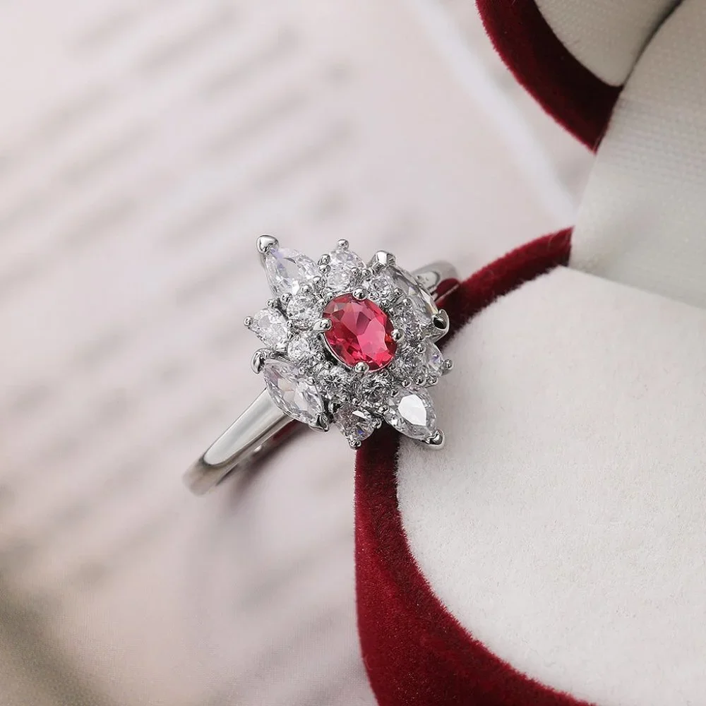 😍LUXURY RUBY OLD MINE DIAMOND NOBLE SILVER SHINY FLOWER DAINTY RING, K920