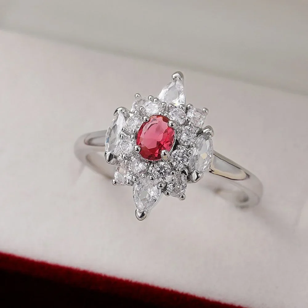 😍LUXURY RUBY OLD MINE DIAMOND NOBLE SILVER SHINY FLOWER DAINTY RING, K920