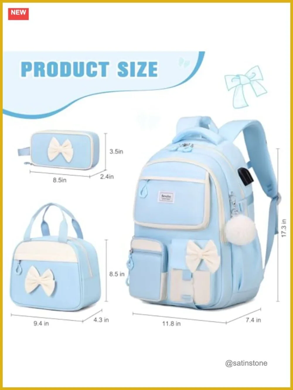 Cute Bow Backpack Set with Lunch Bag & Pen Case, USB Charging Port