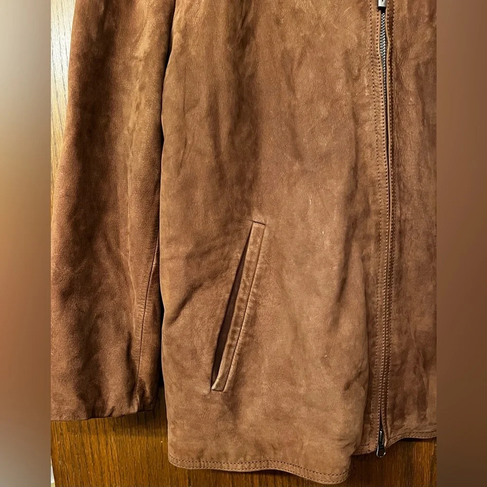 EUC Cole Haan Brown Suede Bomber Jacket/Car Coat Zip out Wool Liner