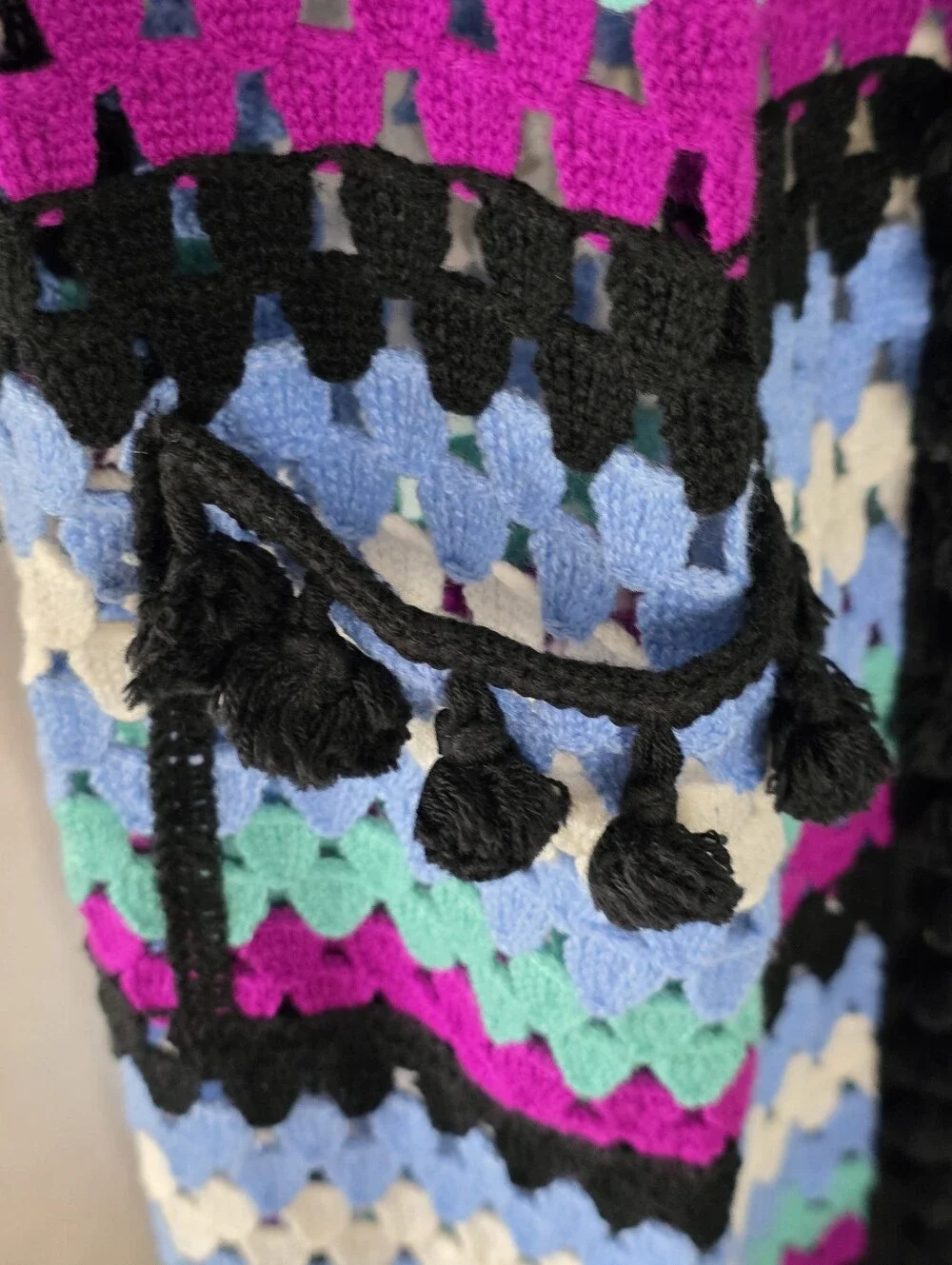 Free the Roses Crochet Hooded Cardigan Open Front Pom-pom Trim Pockets Festival