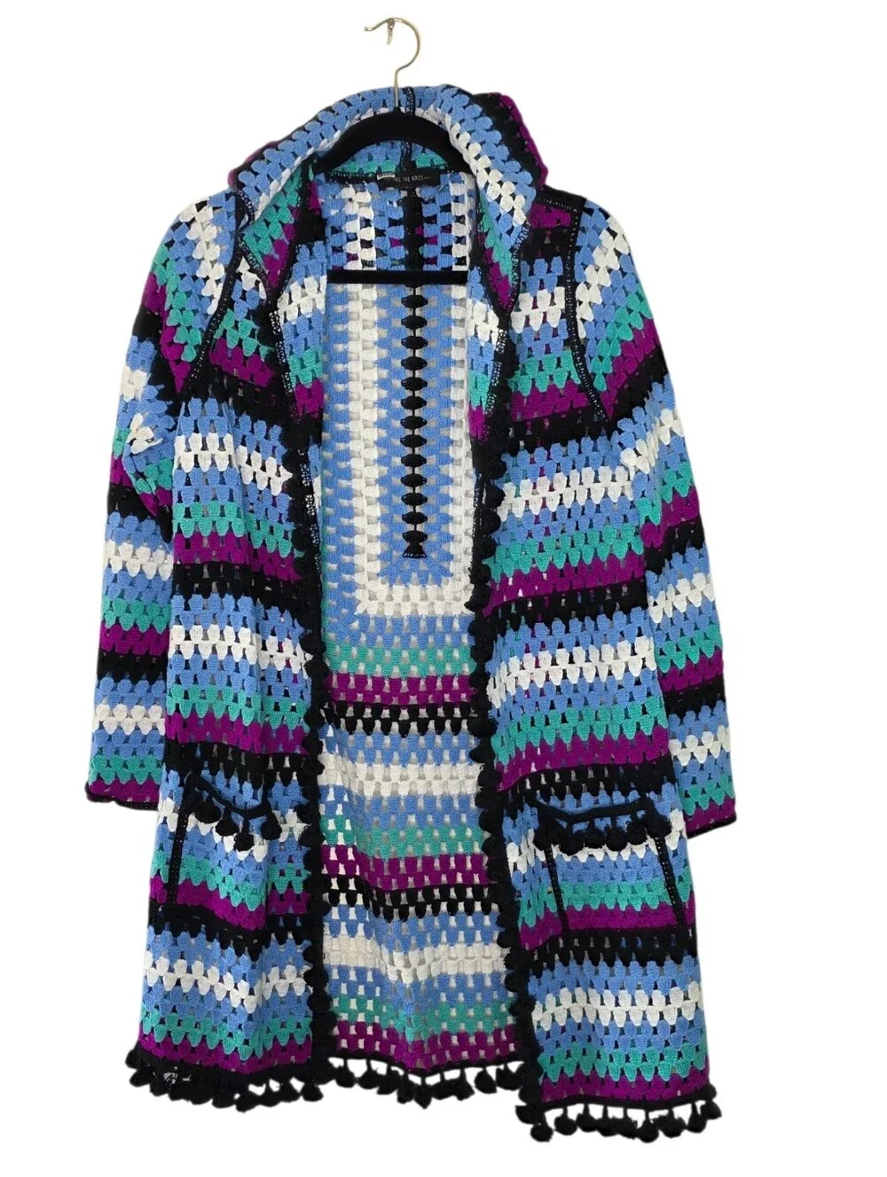 Free the Roses Crochet Hooded Cardigan Open Front Pom-pom Trim Pockets Festival