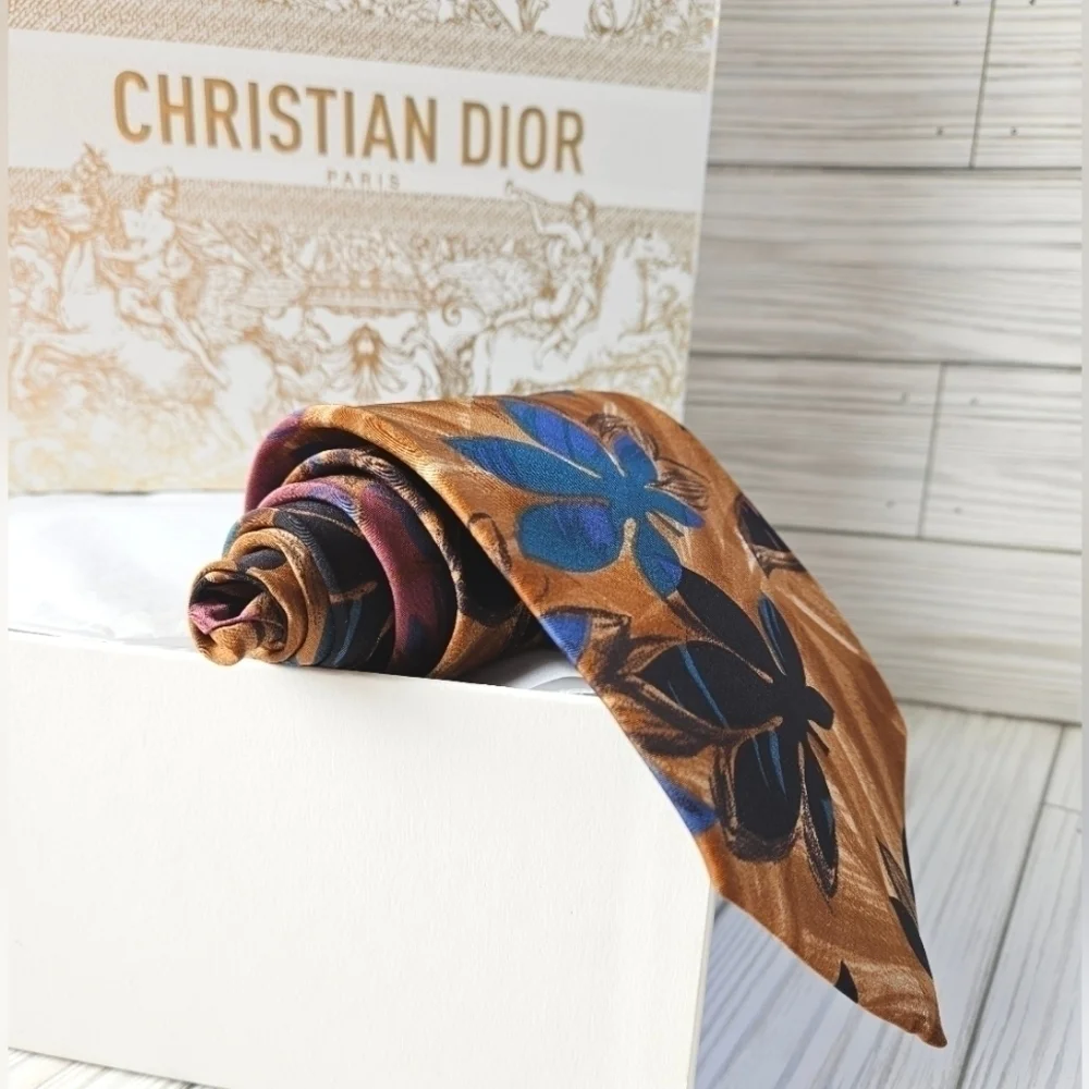 Vintage Christian Dior Wide Necktie in Brown Multi Abstract Floral