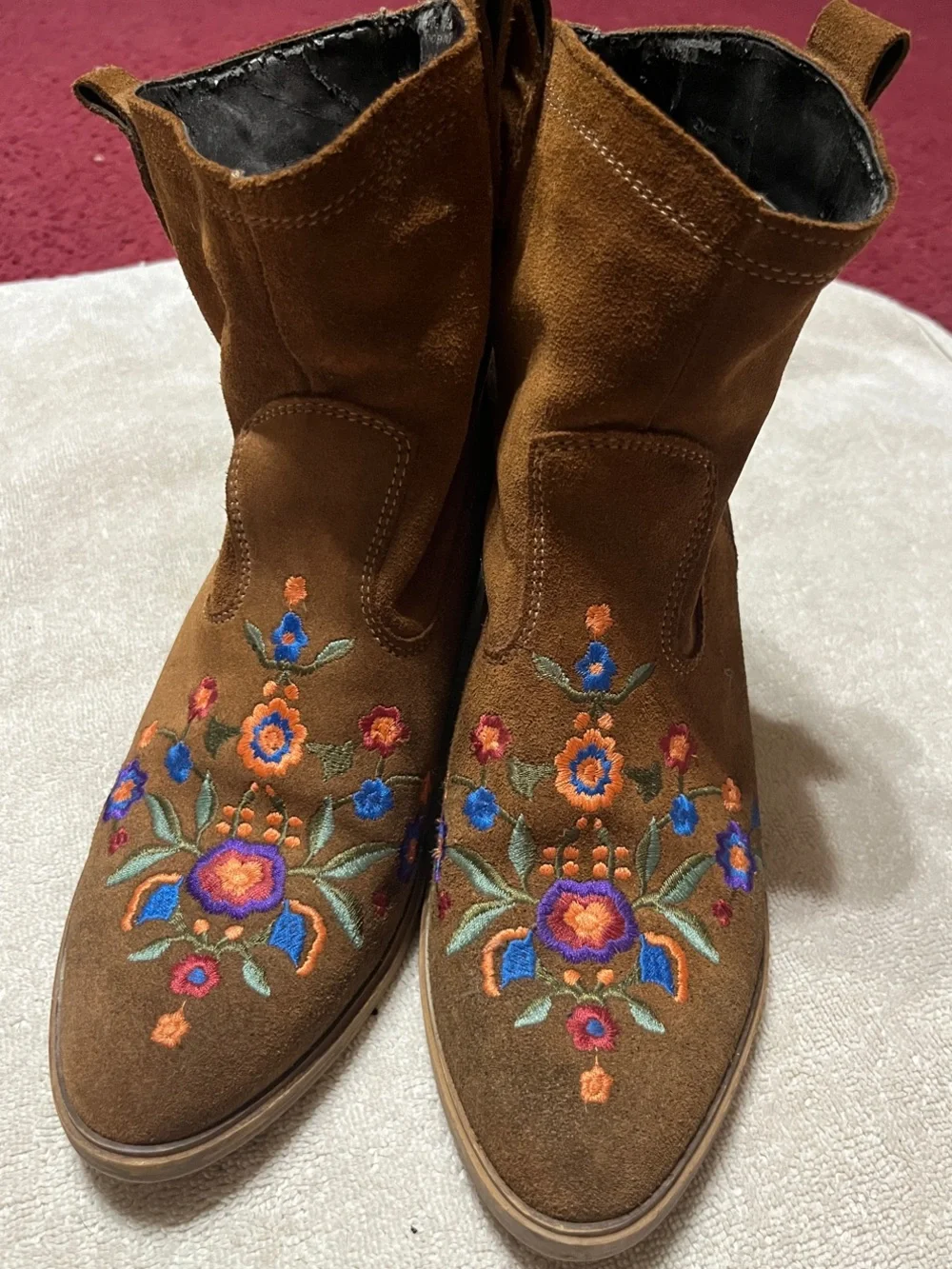 Brown Embroidered Suede Western Ankle Boots - Women