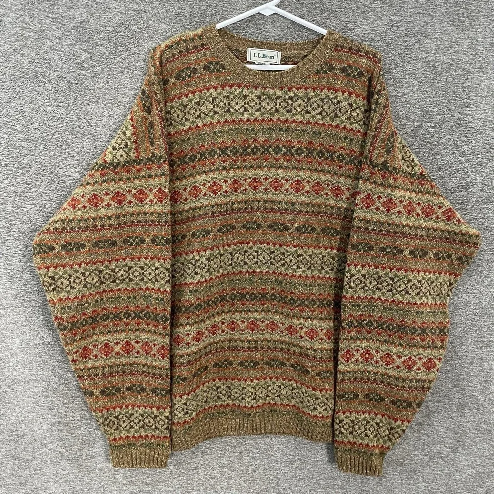 L.L.Bean Sweater Mens LT Wool Fair Isle Crewneck Knit Vintage Made in Scotland