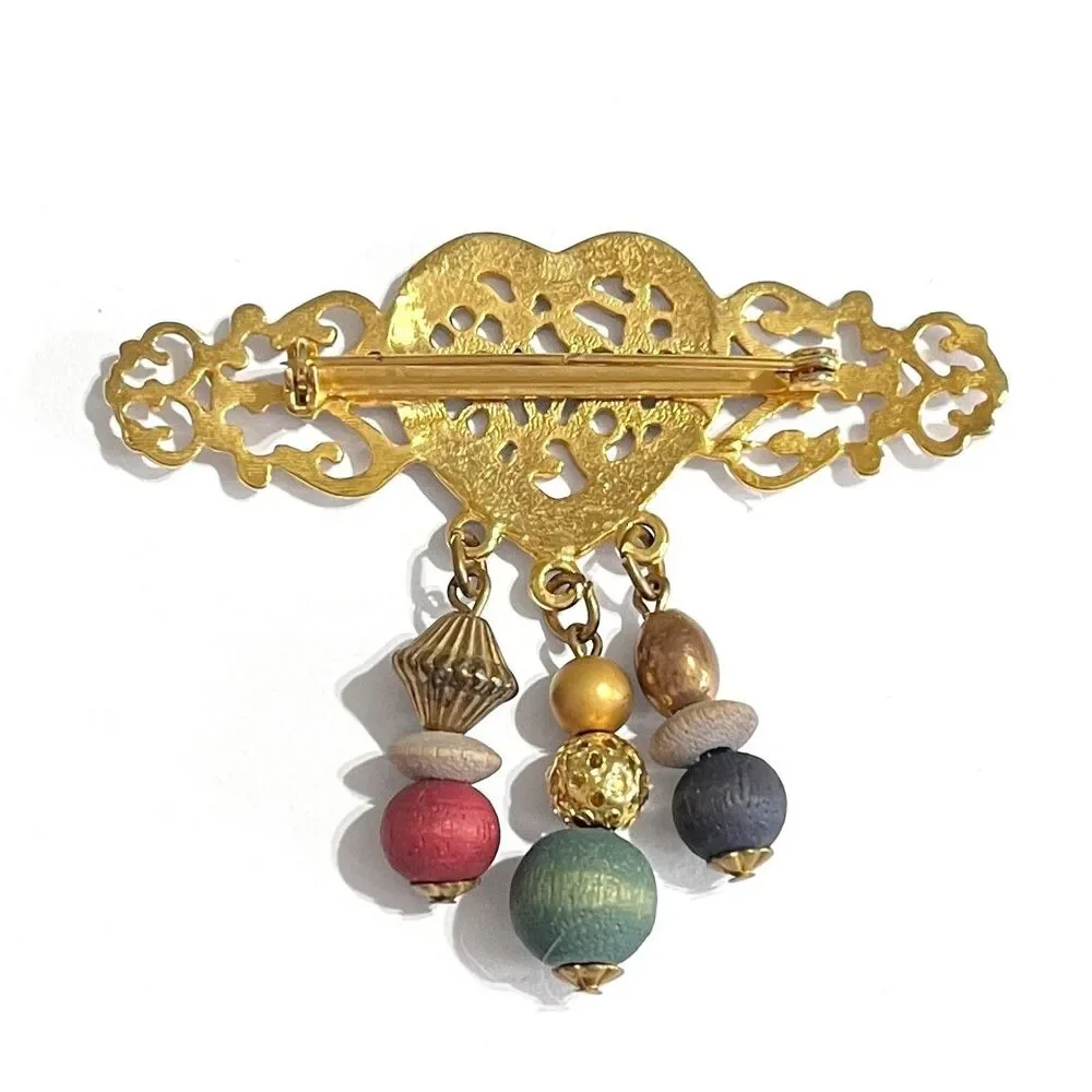 Filigree Heart Brooch Pin Victorian Style Gold Tone Dangle Beads Feminine Art