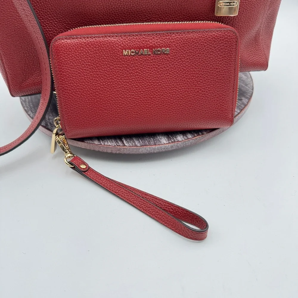 Michael Kors Mercer Large Tote Bag Pebbled Leather Crossbody Wallet Set Cherry