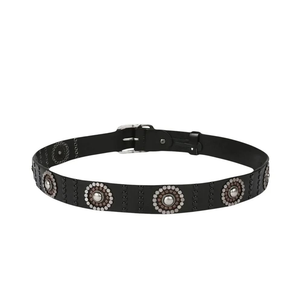 Genuine Leather Studded Western Boho Belt Black Silver Copper‎ Accents 6283 ML
