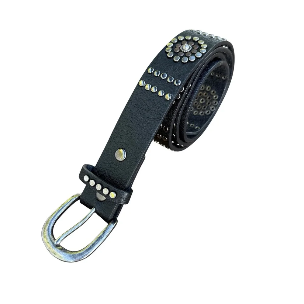 Genuine Leather Studded Western Boho Belt Black Silver Copper‎ Accents 6283 ML